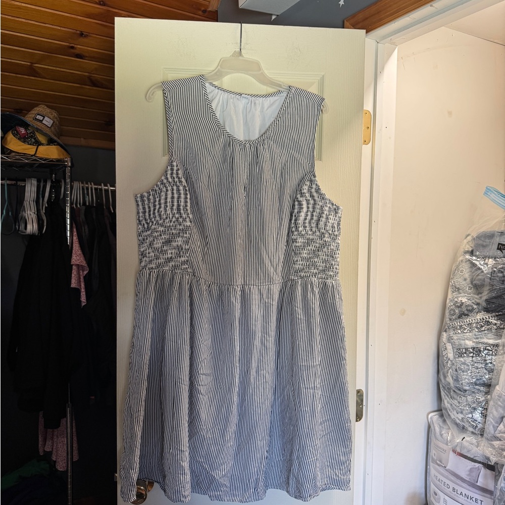 Old Navy Blue & White Striped Sleeveless Smocked-Side Mini Dress